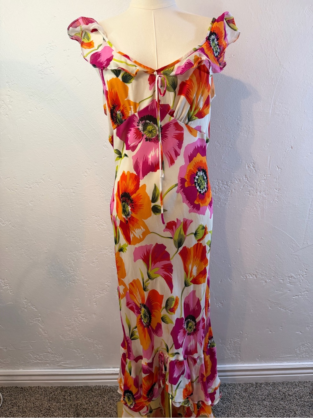 Off-Shoulder Floral Maxi Dress in Pink & Orange size 8